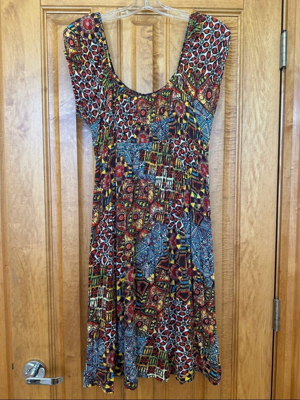 Uncle Frank Multicolor Scoop-Neck Mini Dress in Red, Blue, Yellow, Brown